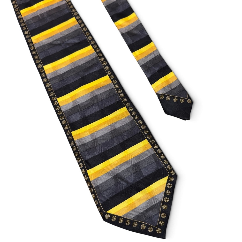 Ottimo Uomo Mens Wide Tie Black Gray Yellow Striped Geometric 4" 60" Extra Long